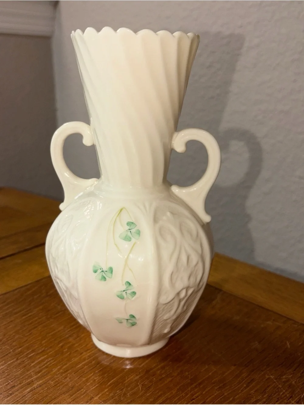 Vintage BELLEEK Shamrock Clover Scalloped Edge 2 Handles Vase 8”